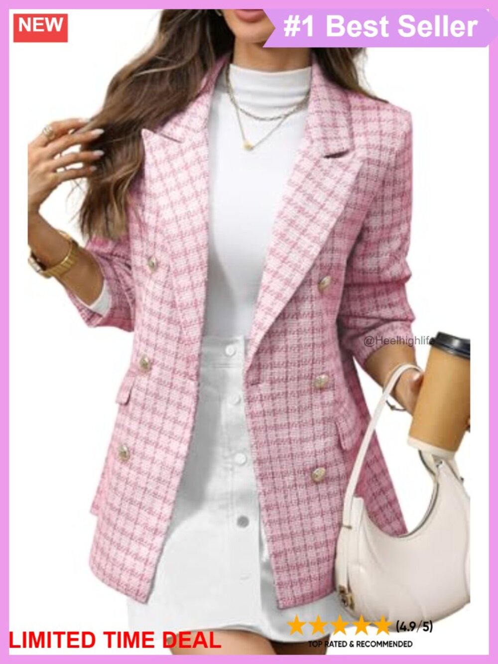 Oversized Plaid Tweed Boyfriend Blazer Double Breasted Business Casual
